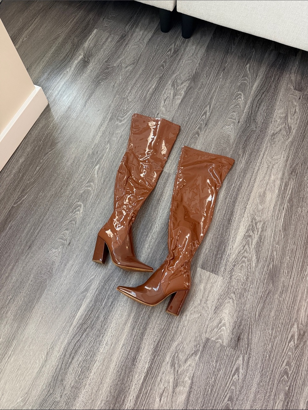 Jennifer Lopez Glossy Chestnut Patent Over-the-Knee Block Heel Boots